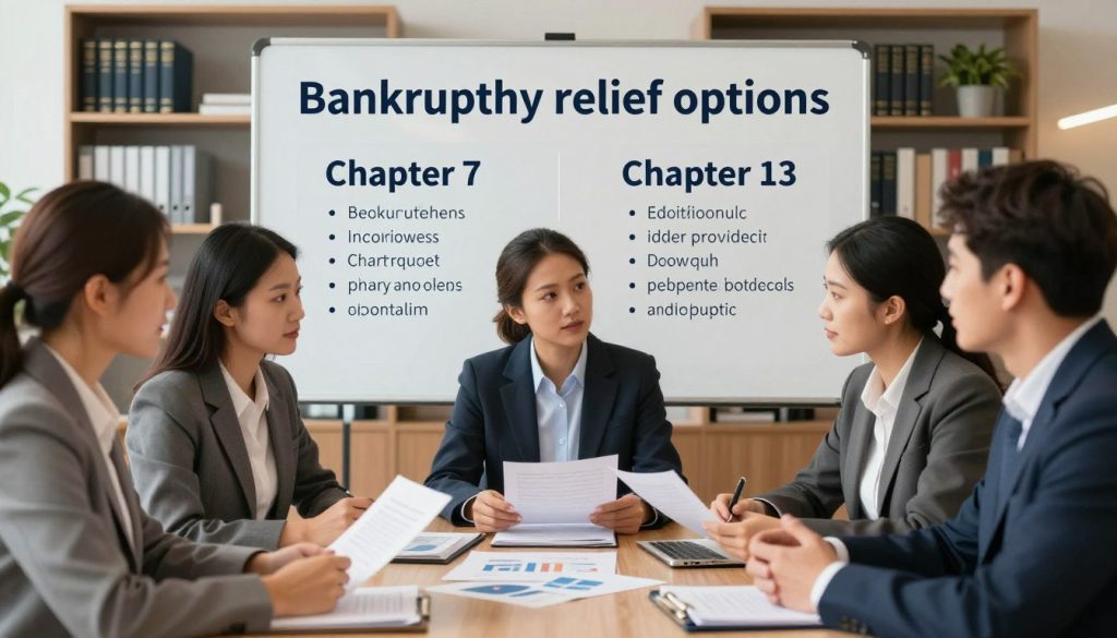 A conceptual illustration depicting the theme of "bankruptcy relief options." In the foreground, a diverse group of individuals, dressed in professional business attire, are engaged in collaborative discussions over a table filled with documents and charts. The middle ground features a large, clear infographic outlining Chapter 7 and Chapter 13 bankruptcy options, showcasing key points in a visually appealing manner. The background includes a softly lit office environment with shelves filled with legal books and plants, creating a calming atmosphere. Use warm, inviting lighting, with a focus on the group’s expressions of determination and hope. The overall mood conveys professionalism and optimism, emphasizing support and guidance in financial recovery.