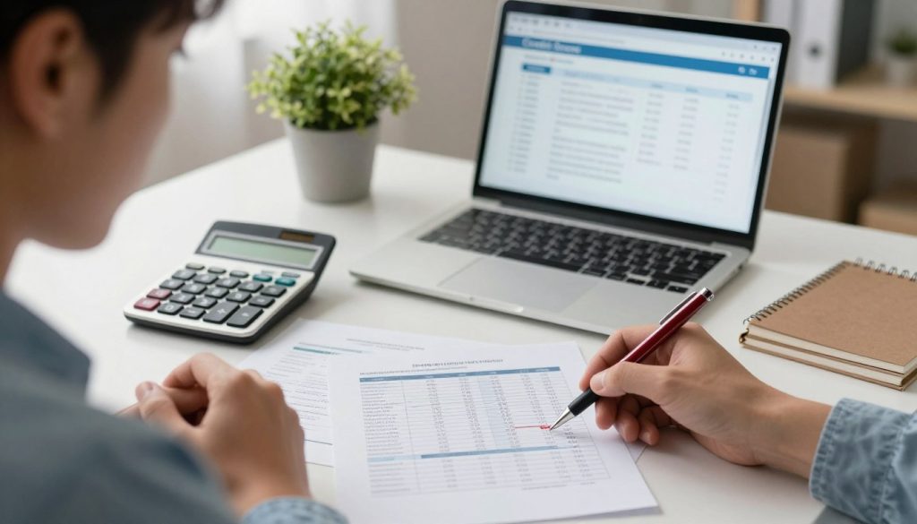 A concerned individual sitting at a desk surrounded by financial documents, a laptop open with a credit score report displayed on the screen. The foreground features a close-up of their hand holding a red pen, highlighting the critical numbers on the report. In the middle, a calculator and a notepad filled with notes about budgeting and financial rebuilding strategies create a sense of urgency. The background shows a small, well-lit office with soft, warm lighting, creating an atmosphere of introspection and determination. A potted plant adds a touch of life, symbolizing growth and recovery. The overall mood is serious yet hopeful, reflecting the journey of assessing one's financial situation after bankruptcy.