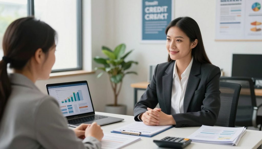 A detailed scene depicting a professional credit counseling process in an office environment. In the foreground, a friendly credit counselor, dressed in a smart business suit, is sitting at a desk, attentively listening to a client who appears hopeful, dressed in business casual attire. In the middle ground, various tools of the trade, such as a laptop displaying financial graphs, brochures about credit improvement, and a calculator, are neatly arranged. The background features a modern office space with calming colors, plants, and motivational posters about financial health. Soft, natural lighting filters through a large window, creating an inviting atmosphere that encourages trust and support. The angle captures the interaction between the counselor and client, highlighting the collaborative nature of the credit counseling process.