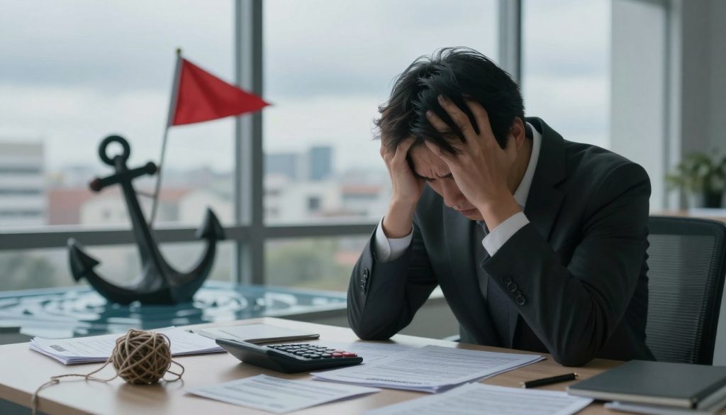 A focused scene depicting warning signs of credit counseling struggles. In the foreground, a distressed individual in professional business attire sits at a table covered with bills, financial statements, and a calculator, looking overwhelmed. In the middle ground, various symbolic elements such as a sinking anchor, a red flag, and a tangled ball of string represent financial confusion and burdens. In the background, a soft-focus urban landscape with a cloudy sky adds a gloomy atmosphere, indicating the weight of financial woes. The lighting should be moody, with soft, diffused natural light filtering through a nearby window, casting gentle shadows to evoke a sense of urgency and seriousness. The overall tone reflects the importance of recognizing when to seek professional credit counseling assistance.