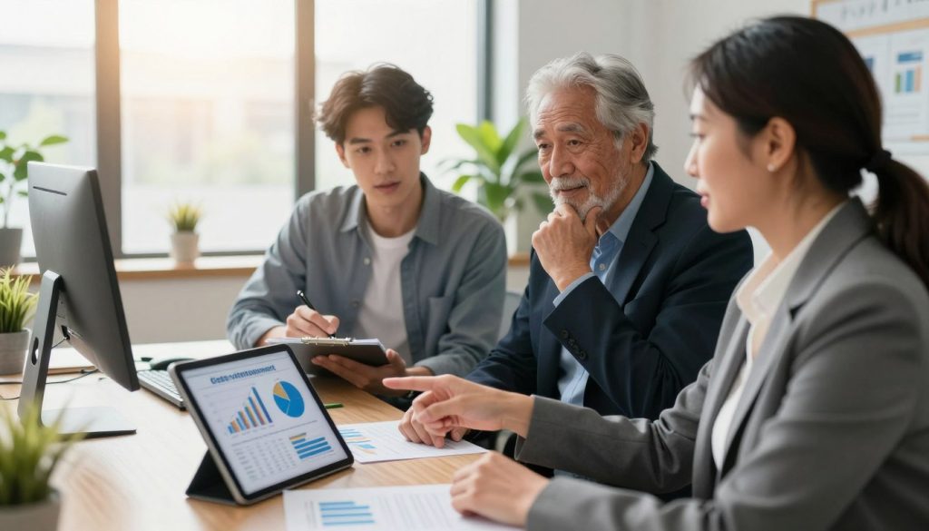 A modern office setting with a diverse group of three professionals engaged in a financial discussion. In the foreground, a middle-aged woman in business attire is pointing to a digital tablet displaying graphs and charts, illustrating debt management. In the middle, a young man in smart casual attire is taking notes on a notepad, while a senior man in a suit gives a thoughtful expression, suggesting strategies for effective debt consolidation. The background features a large window with soft natural light, casting a warm glow over a stylish workspace filled with plants and financial textbooks. The atmosphere conveys a sense of collaboration, focus, and optimism, highlighting the proactive management of finances post-debt consolidation.