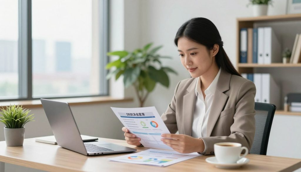 A modern office setting with a focused young professional sitting at a sleek desk, reviewing documents about debt consolidation loans. The foreground features a laptop open to financial spreadsheets, several colorful infographics illustrating loan options, and a cup of coffee. In the middle ground, a large window allows natural light to wash in, illuminating green indoor plants and a minimalist bookshelf filled with finance books. The background showcases a city skyline through the window, suggesting opportunity and hope. The overall atmosphere is professional and optimistic, with a warm color palette to evoke a sense of clarity and purpose. The scene is captured with a shallow depth of field to emphasize the subject while gently blurring the background, creating a clean and polished look.