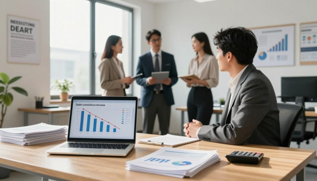 A modern office setting with a large wooden desk in the foreground, featuring a laptop displaying graphs of declining debt consolidation rates. There are neatly stacked financial documents and a calculator beside the laptop. In the middle ground, a diverse group of three professionals—two women and one man—are engaged in discussion, dressed in professional business attire. The background features a large window allowing natural light to stream in, illuminating the room and creating a sense of optimism. The walls are adorned with motivational business quotes and financial charts. The atmosphere is focused and collaborative, conveying a sense of progress in navigating the debt consolidation process. The image should be bright, with soft shadows to enhance depth.