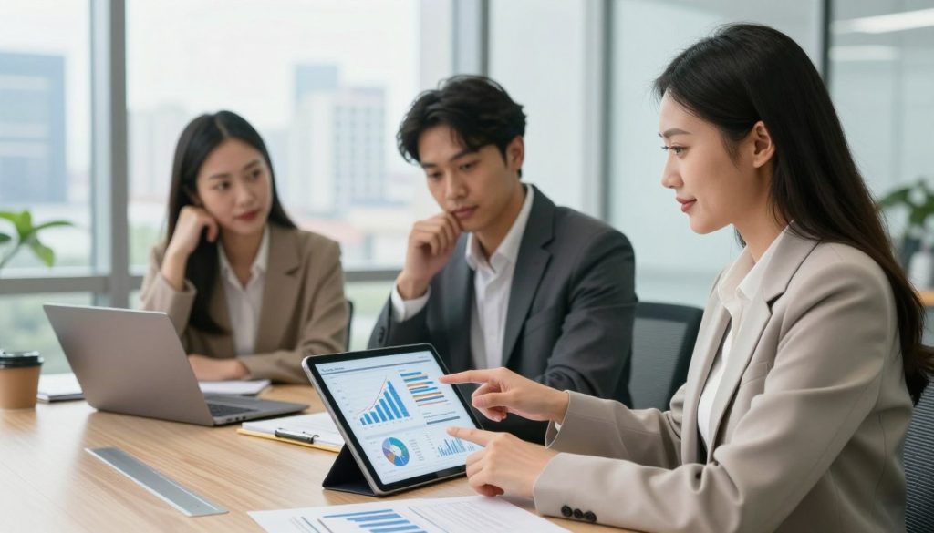 A modern office space featuring a diverse team of three professionals engaged in a strategic meeting about debt consolidation. In the foreground, a confident woman in a smart business suit points at a digital tablet displaying graphs and charts related to finances. The middle ground shows a focused man and a thoughtful woman, both in professional attire, discussing notes and a laptop open with financial data. The background features a stylish cityscape through large windows, conveying a bright and optimistic atmosphere. Soft, natural lighting filters in, enhancing the productive and collaborative mood. The image encapsulates a sense of teamwork, strategy, and a proactive approach to managing debt.