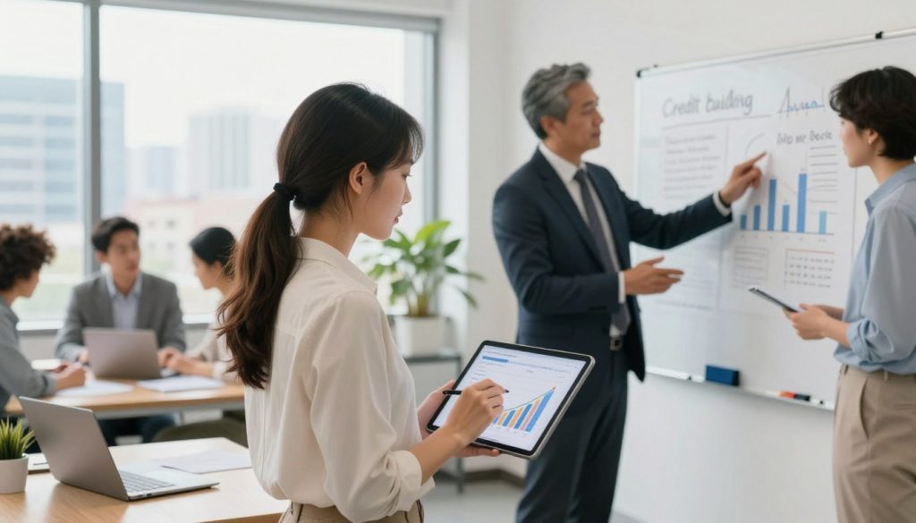 A modern workspace featuring a diverse group of professionals collaborating on credit building strategies. In the foreground, a young woman in smart casual attire is reviewing a digital tablet displaying a chart showing credit score improvement. Next to her, a middle-aged man in a business suit gestures towards a whiteboard filled with financial tips and graphs. In the background, a window reveals a bright city skyline, symbolizing opportunities for growth. Soft natural light floods the room, creating an inviting atmosphere. The overall mood is one of determination and hope, focused on financial recovery and empowerment. The image should feel energetic and professional, emphasizing teamwork and the effective tools for rebuilding credit after bankruptcy.