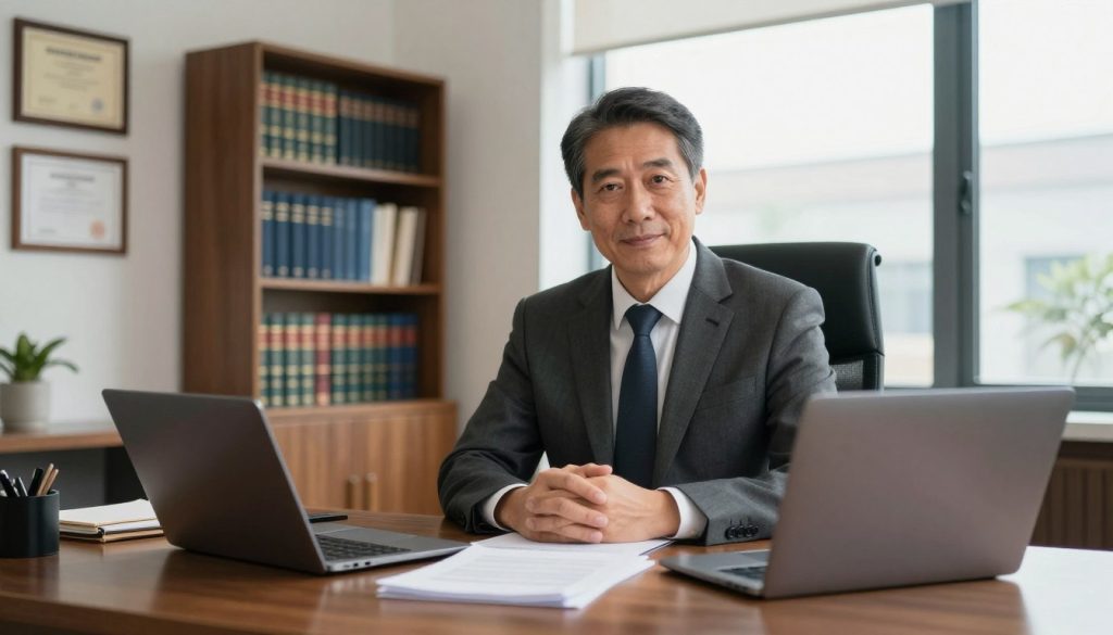 A professional bankruptcy lawyer in a modern office setting, seated at a polished wooden desk covered with legal documents and a laptop. In the foreground, the lawyer is a middle-aged individual wearing a tailored suit with a confident yet empathetic expression, looking directly at the viewer. In the middle ground, there's a bookshelf filled with legal books and framed certificates on the wall, emphasizing a sense of expertise and professionalism. The background shows large windows with soft, natural light streaming in, creating a warm and welcoming atmosphere. The overall mood is reassuring and authoritative, suitable for individuals seeking help with bankruptcy issues. Use a slightly elevated angle to capture the scene dynamically, and ensure the lighting highlights the lawyer's face and the legal items on the desk.