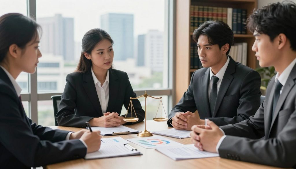 A professional business setting illustrating the concept of protecting assets during bankruptcy. In the foreground, a diverse group of three individuals in business attire, including a woman in a smart blazer and two men in suits, engaged in a serious discussion around a table scattered with legal documents and colorful charts. In the middle, a balanced scale symbolizing justice, representing the legal aspects of asset protection, set against a backdrop of a large window showing a city skyline. Soft natural light streams in, creating a warm and hopeful atmosphere. The background reveals a bookshelf filled with law books, hinting at the importance of informed decision-making. Overall, the scene conveys a sense of professionalism, determination, and strategic planning in the face of financial difficulties.