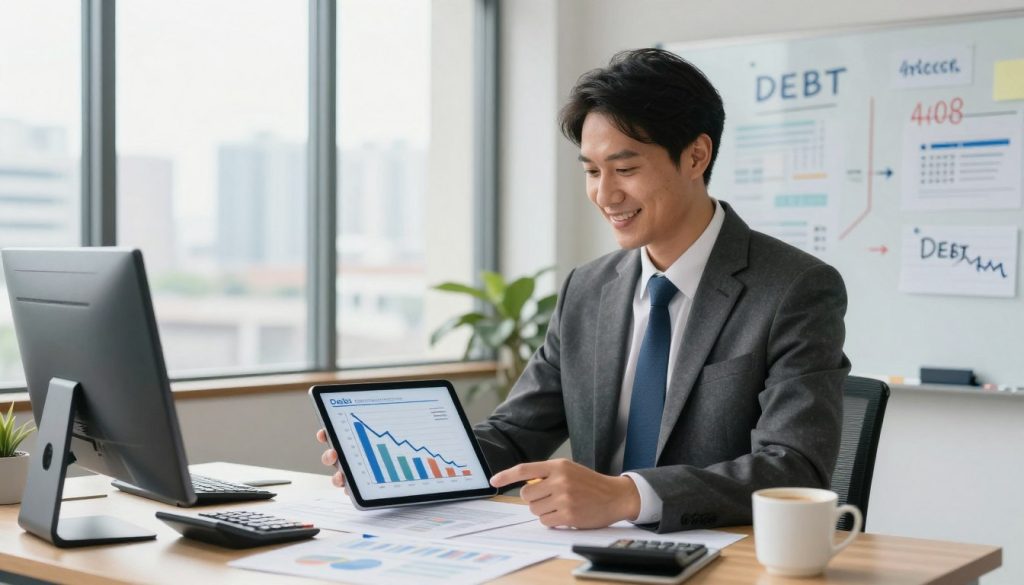 A professional financial advisor in business attire, standing confidently in a modern office setting, analyzing a graph showing declining debt levels on a digital tablet. In the foreground, a desk cluttered with financial documents, a calculator, and a cup of coffee. The middle layer features a large window with city views, allowing natural light to flood the room, creating a bright and optimistic atmosphere. In the background, a whiteboard filled with strategies for debt consolidation and interest rate reduction. The lighting is warm and inviting, emphasizing professionalism and trust. The image conveys a sense of assurance and expertise in debt management solutions, perfect for a guide section on professional services.