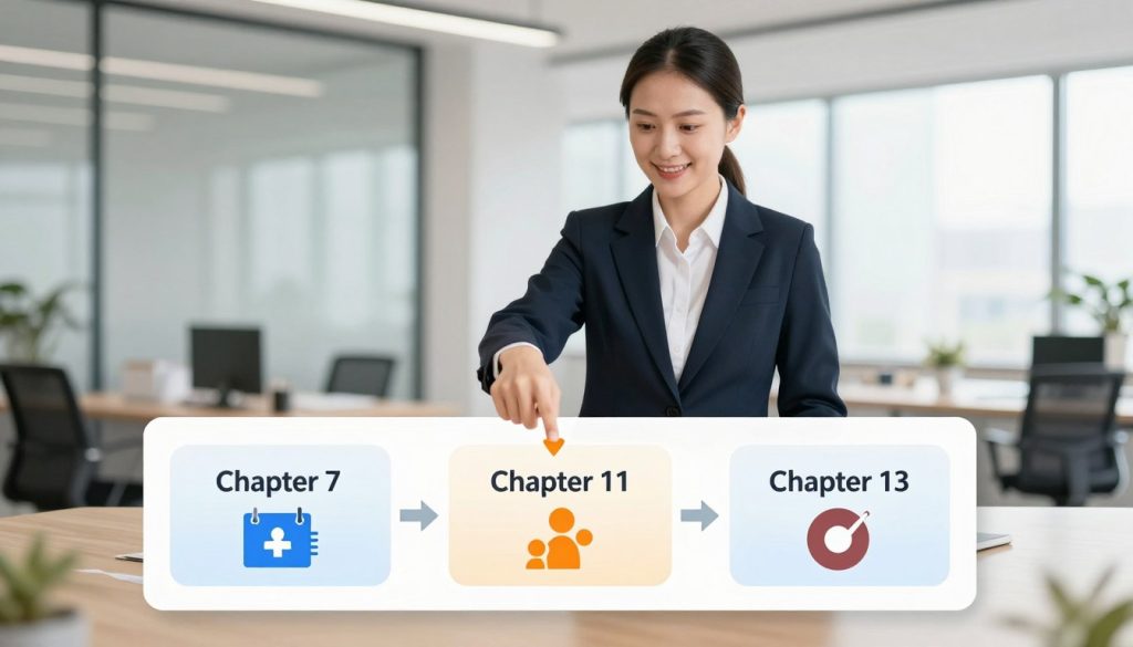 A professional illustration depicting a comparison of different types of bankruptcy. In the foreground, a well-organized chart or infographics divides the space into sections, each representing a type of bankruptcy—Chapter 7, Chapter 11, and Chapter 13—with distinct visual icons symbolizing each type. In the middle ground, a confident financial advisor, dressed in professional business attire, points to the chart, engagingly explaining the options. The background features a sleek, modern office environment with soft, natural lighting streaming through large windows, creating a welcoming atmosphere. The overall mood is informative and reassuring, aiming to provide clarity and guidance in navigating bankruptcy options. The perspective is slightly elevated, allowing a clear view of both the advisor and the comparison chart.