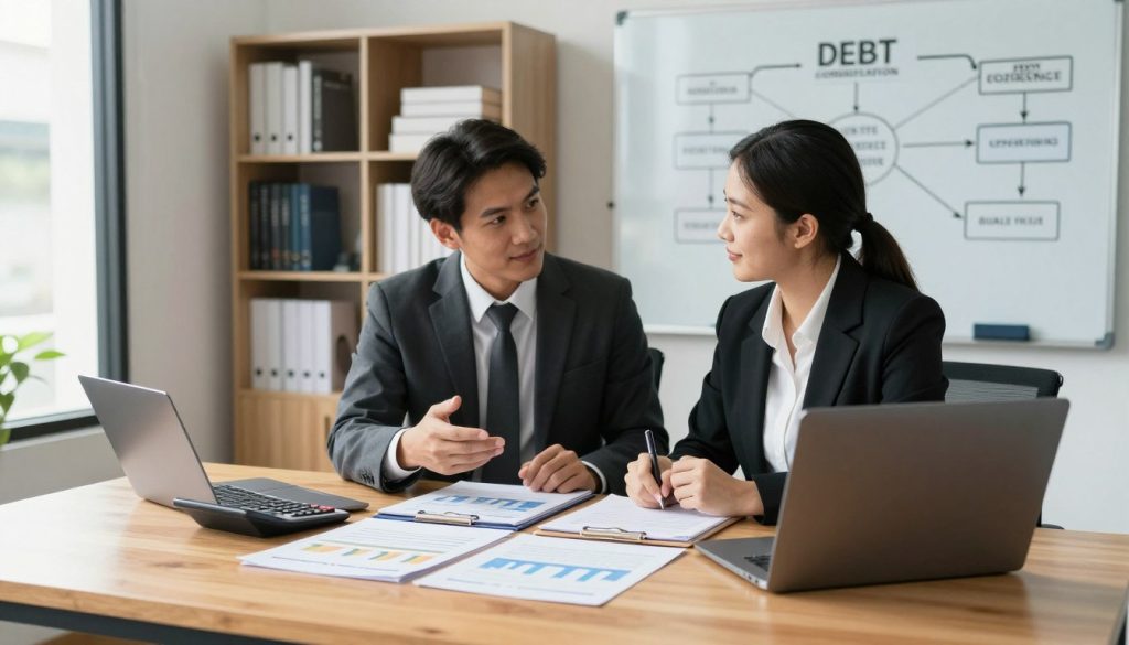 A professional office setting with a large wooden desk in the foreground, featuring neatly organized financial documents, a calculator, and a laptop open to a debt consolidation calculator tool. In the middle ground, two business professionals—one man and one woman—are discussing options with a confident demeanor, both dressed in smart business attire. The background consists of shelves filled with financial books, and a wall-mounted whiteboard displaying flowcharts of debt consolidation strategies. Soft, natural lighting streams in from large windows, creating a welcoming atmosphere. The overall mood is focused and collaborative, reflecting a serious yet hopeful approach to tackling debt consolidation.