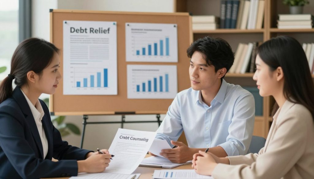 A professional, polished office environment focusing on debt relief options. In the foreground, a diverse group of three individuals, a woman in a business suit, a man in a smart casual shirt, and another woman in modest professional attire, engaged in a discussion around a table with documents spread out, representing different debt relief options like credit counseling and debt consolidation. In the middle ground, a large corkboard pinboard showing infographics and charts about financial management. The background features soft-focus shelves filled with books on finance, enhancing the atmosphere of informed decision-making. Use warm, soft lighting to create a welcoming mood. The camera angle is slightly elevated, capturing both the discussion and the resources in focus.