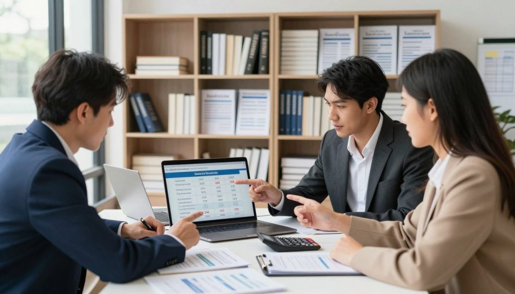 A professional setting depicting a diverse group of people analyzing personal loan options for debt consolidation. In the foreground, a table covered with financial documents, calculators, and laptops. Two individuals—a man in a suit and a woman in smart casual attire—are engaged in a discussion, pointing at a laptop screen displaying comparative loan rates. In the middle ground, shelves filled with financial books and brochures about loans create a structured, informative atmosphere. The background features a large window with natural light pouring in, casting soft shadows. The overall mood is focused and collaborative, emphasizing a thorough and careful decision-making process in personal finance. The image should capture a sense of professionalism and trustworthiness, with clear, crisp lighting and a well-composed layout.