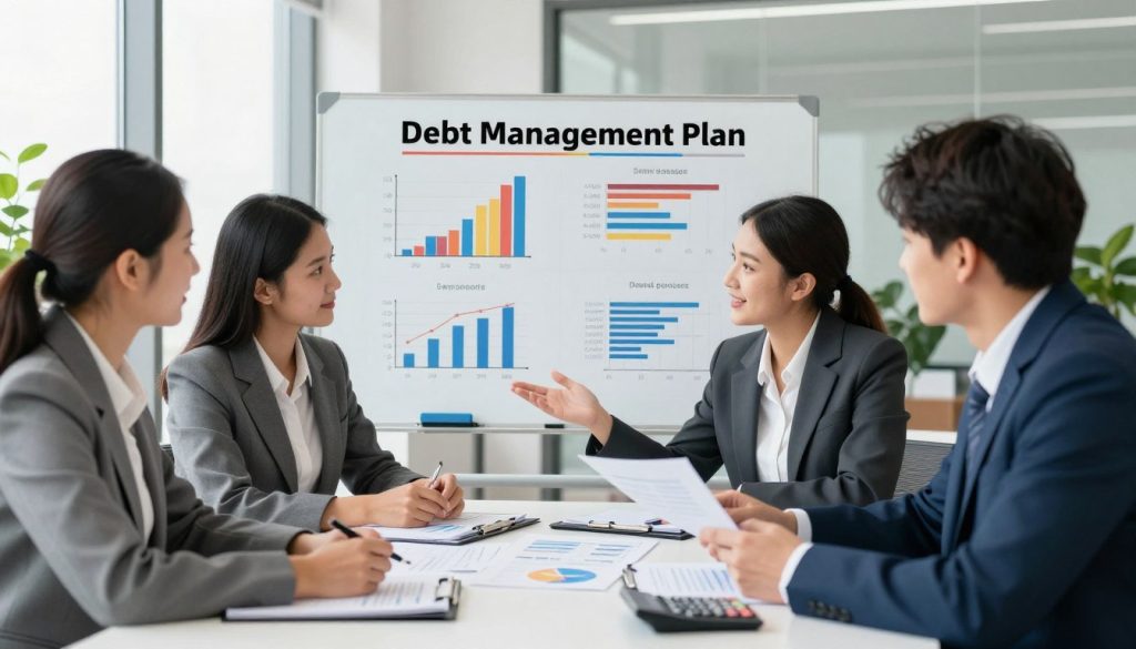 A professional setting for a debt management plan visualization. Foreground features a diverse group of three individuals dressed in business attire, engaged in a constructive discussion around a large table covered with spreadsheets, calculators, and financial documents. Middle ground shows a whiteboard displaying a well-organized debt management plan with colorful graphs and charts outlining payment strategies and financial goals. Background includes a modern, bright office space with large windows letting in natural light, greenery in the corners to add a fresh touch. Soft focus on the background to emphasize the group and their discussion. The atmosphere is collaborative and positive, evoking a sense of hope and determination towards achieving financial management.