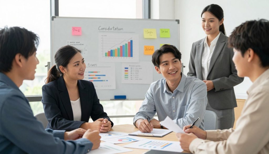 A professional setting illustrating debt consolidation options. In the foreground, depict a diverse group of individuals, including a middle-aged woman in a business suit, a young man in smart casual attire, and a financial counselor wearing professional business attire. They are gathered around a table with documents and charts showing different debt consolidation strategies. In the middle ground, visualize a large whiteboard filled with colorful graphs and notes highlighting key points. The background features a modern office with soft, natural lighting streaming through large windows, creating a warm and inviting atmosphere. Capture the expressions of focus and collaboration among the individuals as they engage thoughtfully in a financial discussion. The overall mood should be one of optimism and professionalism.