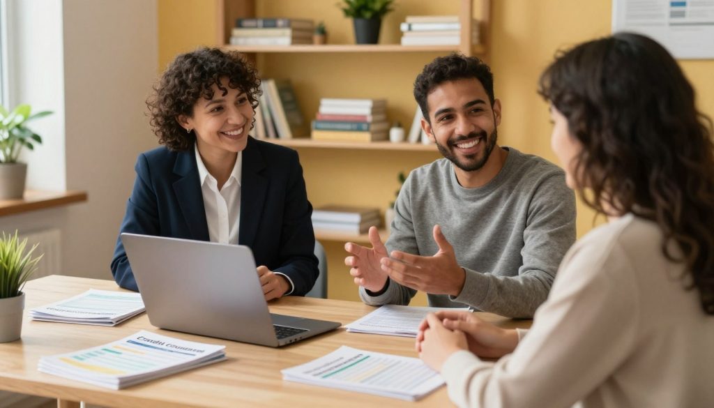 A professional, welcoming office setting dedicated to credit counseling, with a focus on affordability. In the foreground, a comfortable desk with a laptop displaying a budget spreadsheet, surrounded by resourceful brochures about affordable counseling options. In the middle, two diverse individuals engaging in a discussion; one in a smart business attire, the other in modest casual clothing, both appearing friendly and focused. The background features warm, inviting colors with shelves stacked with financial literature and plants, creating an atmosphere of hope and collaboration. Soft, natural lighting illuminates the space, casting gentle shadows and highlighting the positive energy. The angle captures the interaction, emphasizing a sense of professionalism and accessibility.