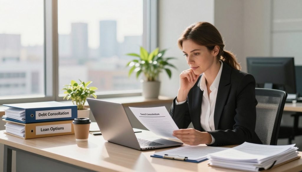 A serene office environment showcasing an organized workspace focused on financial management. In the foreground, a well-dressed professional, a woman of Caucasian descent, sits at a modern desk with a laptop open, reviewing documents on personal loans with a thoughtful expression. Surrounding her are neatly stacked folders labeled "Debt Consolidation" and "Loan Options." In the middle ground, a potted plant and a cup of coffee create a welcoming atmosphere. The background features a city skyline viewed through a large window, bathed in natural sunlight that casts a warm glow over the scene. The image should evoke a mood of optimism and clarity, representing the positive potential of utilizing personal loans to manage debt effectively. The composition should be captured from a slight angle to create depth and interest.