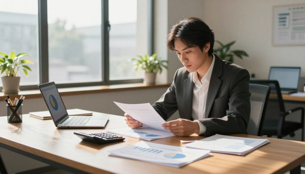 A serene office space as the foreground, featuring a large wooden desk cluttered with financial documents, a calculator, and a laptop displaying a pie chart. In the middle ground, a focused professional in smart business attire is analyzing the documents, with a look of determination and clarity. The background showcases a large window with natural daylight flooding in, illuminating the room and creating a warm, inviting atmosphere. Soft shadows cast by the afternoon sun enhance the depth, while a few potted plants on the windowsill add a touch of greenery. The overall mood is one of organization and proactive financial management, highlighting the theme of assessing one's debt situation with a sense of control and optimism.