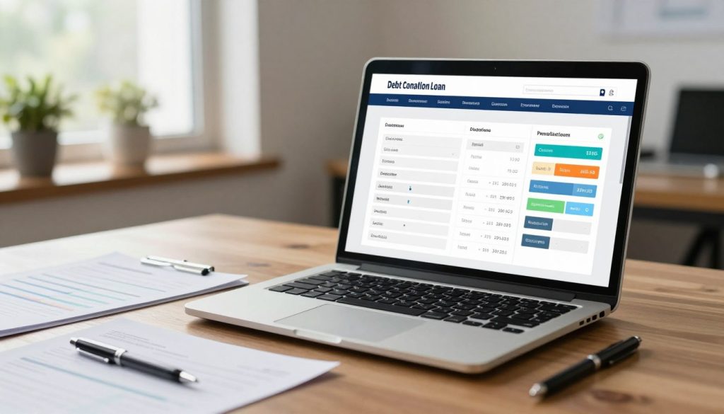 A sleek and modern debt consolidation loan calculator interface displayed on a computer screen in a well-lit, professional office environment. In the foreground, there are business documents and a pen neatly placed on a polished wooden desk, suggesting organization and focus. The middle ground features a laptop showcasing a colorful, user-friendly debt calculator graphic with input fields and sliders for various loan amounts and interest rates, emphasizing clarity and ease of use. In the background, a window with soft natural light filters in, illuminating potted plants for a refreshing touch. The overall atmosphere is calm and professional, conveying a sense of trust and financial empowerment. The camera angle focuses on the calculator while ensuring the office offers a glimpse of a productive workspace.