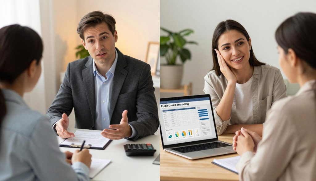 A split image illustrating the concepts of debt consolidation and credit counseling. On the left side, depict a professional setting with a financial advisor in business attire, seated at a desk with organized paperwork and a calculator, explaining options to a concerned client. Use warm lighting to create an inviting atmosphere. On the right side, depict a serene client session for credit counseling, showing a counselor in modest casual clothing offering support with a friendly expression, alongside a laptop displaying budgeting tools and visual aids. The background should feature a calming office space with plants and soft colors. The overall mood should be one of hope and clarity, emphasizing the importance of financial guidance and support.