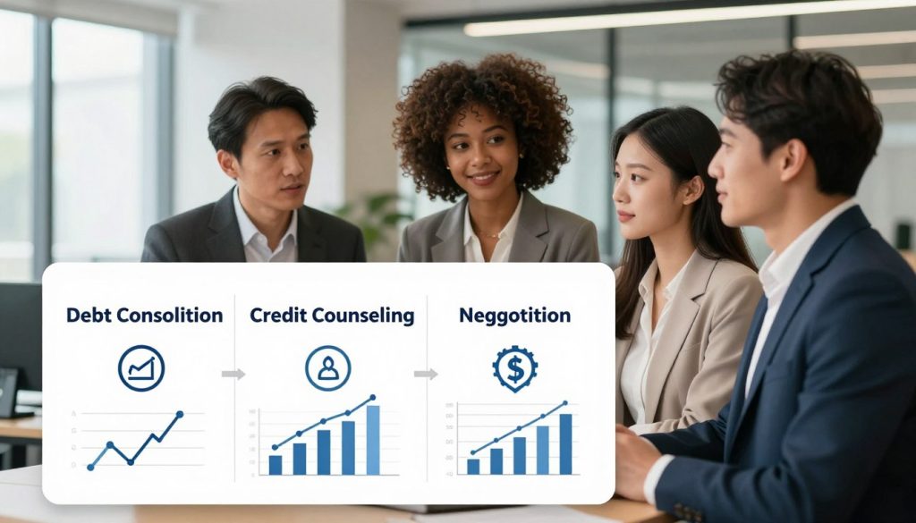 A visually engaging comparison chart showcasing various debt relief options, arranged in a clear, structured format. In the foreground, display labeled sections for options like debt consolidation, credit counseling, and negotiation, represented with icons and graphs. The middle ground features a diverse group of three professionals, dressed in business attire, studying the comparison, with their expressions reflecting curiosity and hope. The background includes a modern office environment with soft lighting and large windows, creating a warm, inviting atmosphere. Use a balanced angle that captures both the chart and the professionals together, emphasizing collaboration and informed decision-making amidst a sense of urgency for financial relief. The overall mood should be optimistic and proactive.