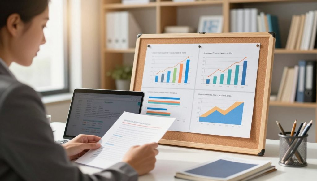 A visually engaging office setting depicting the concept of online credit counseling. In the foreground, a professional advisor, dressed in business attire, sits at a desk with a laptop open, analyzing financial documents. In the middle, a large corkboard displays colorful charts and graphs, illustrating financial progress and strategies. To the background, soft-focus bookshelves filled with financial guides and resources create a sense of authority and knowledge. The lighting is warm and inviting, casting a friendly glow on the scene as sunlight streams through a window, enhancing a mood of hope and professionalism. The angle captures the advisor in action, conveying a sense of guidance and support in financial well-being.