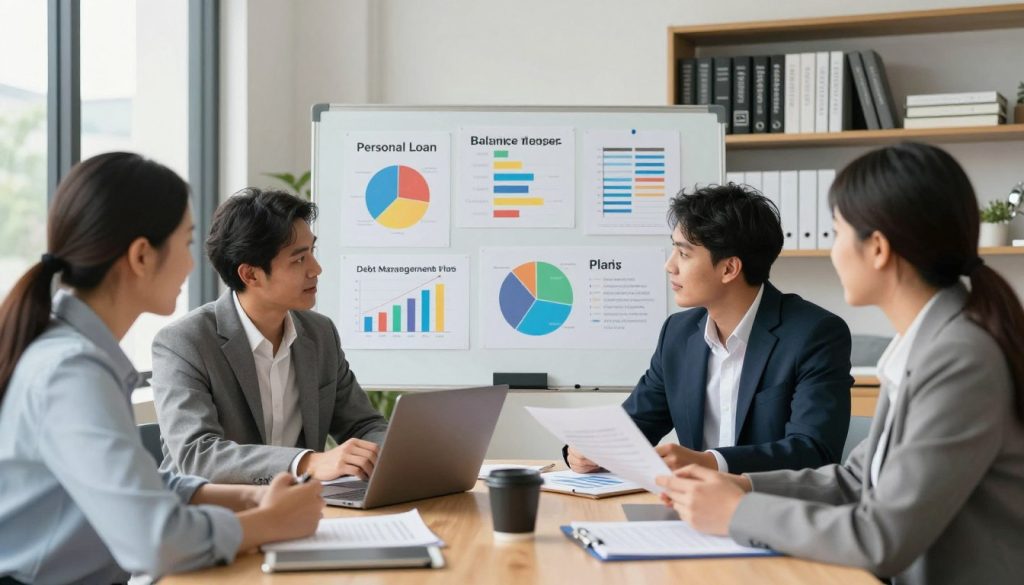 A well-organized desk in a modern office setting, featuring various debt consolidation options. In the foreground, a diverse group of three professional individuals—two men and one woman—discussing over a laptop and paperwork, all dressed in business attire. In the middle, a large whiteboard filled with colorful charts and diagrams illustrating different debt consolidation methods like personal loans, balance transfers, and debt management plans. The background shows shelves lined with books on finance and personal development, softly lit by natural daylight streaming through a large window. The overall atmosphere is one of collaboration and optimism, conveying a sense of determination and hope towards achieving debt freedom. The angle captures both the group and the whiteboard, emphasizing the interaction and the educational aspect of the scene.